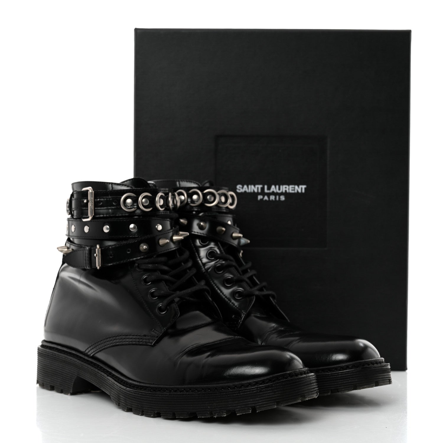 Saint Laurent Smooth Calfskin Studded Womens Lace-Up Combat Boots 38 Black 9 of 9