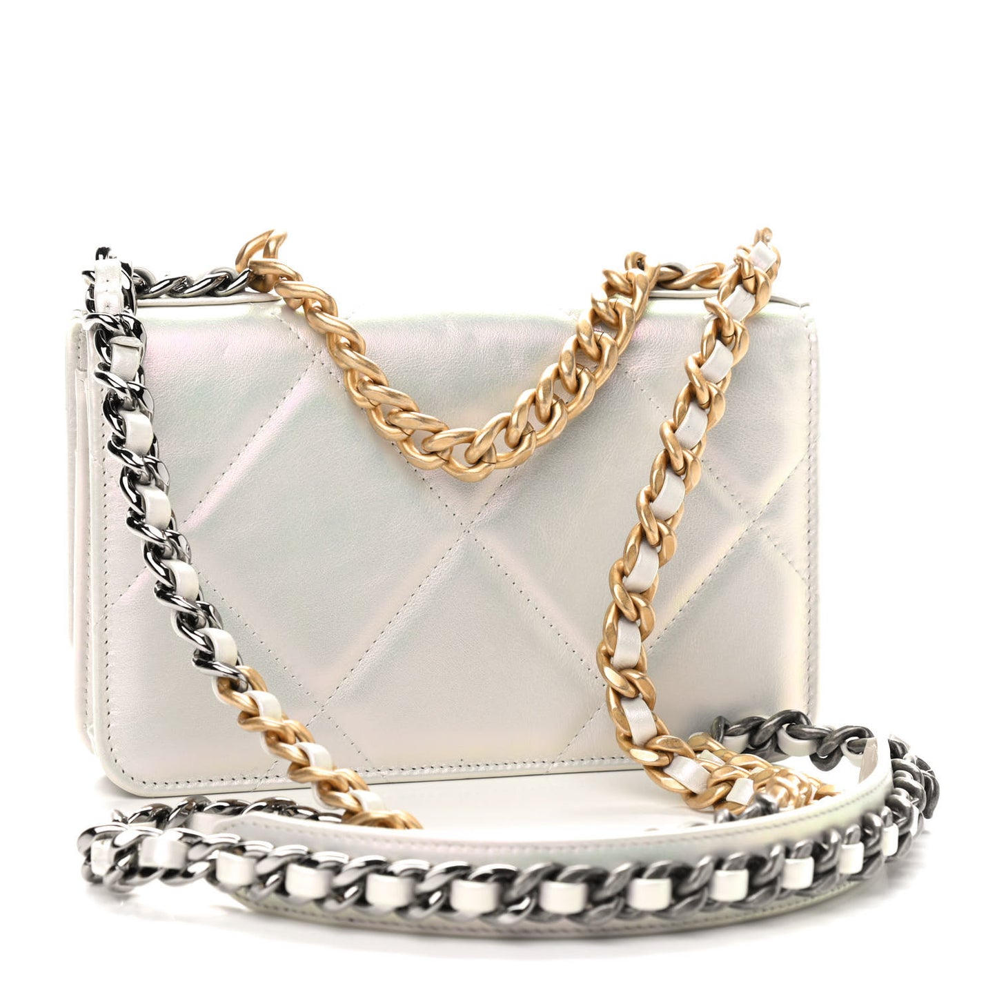 Iridescent Calfskin Quilted Chanel 19 Wallet On Chain WOC White