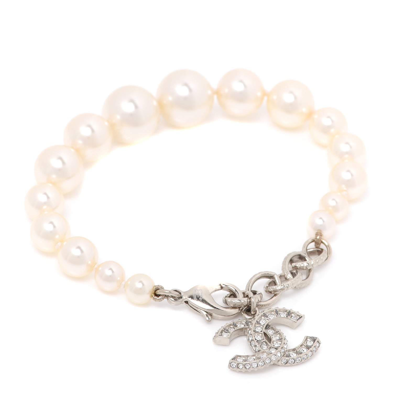 Chanel Crystal Graduated Pearl CC Bracelet Silver 1 of 4