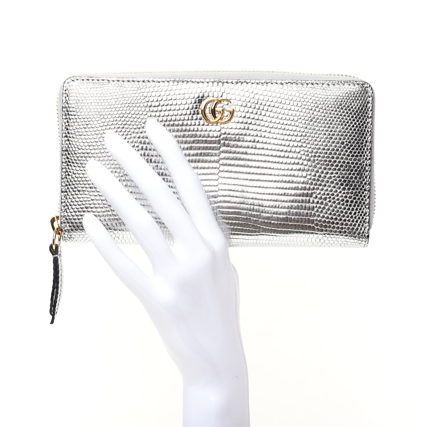 Laminated Lizard GG Marmont Zip-Around Wallet Silver