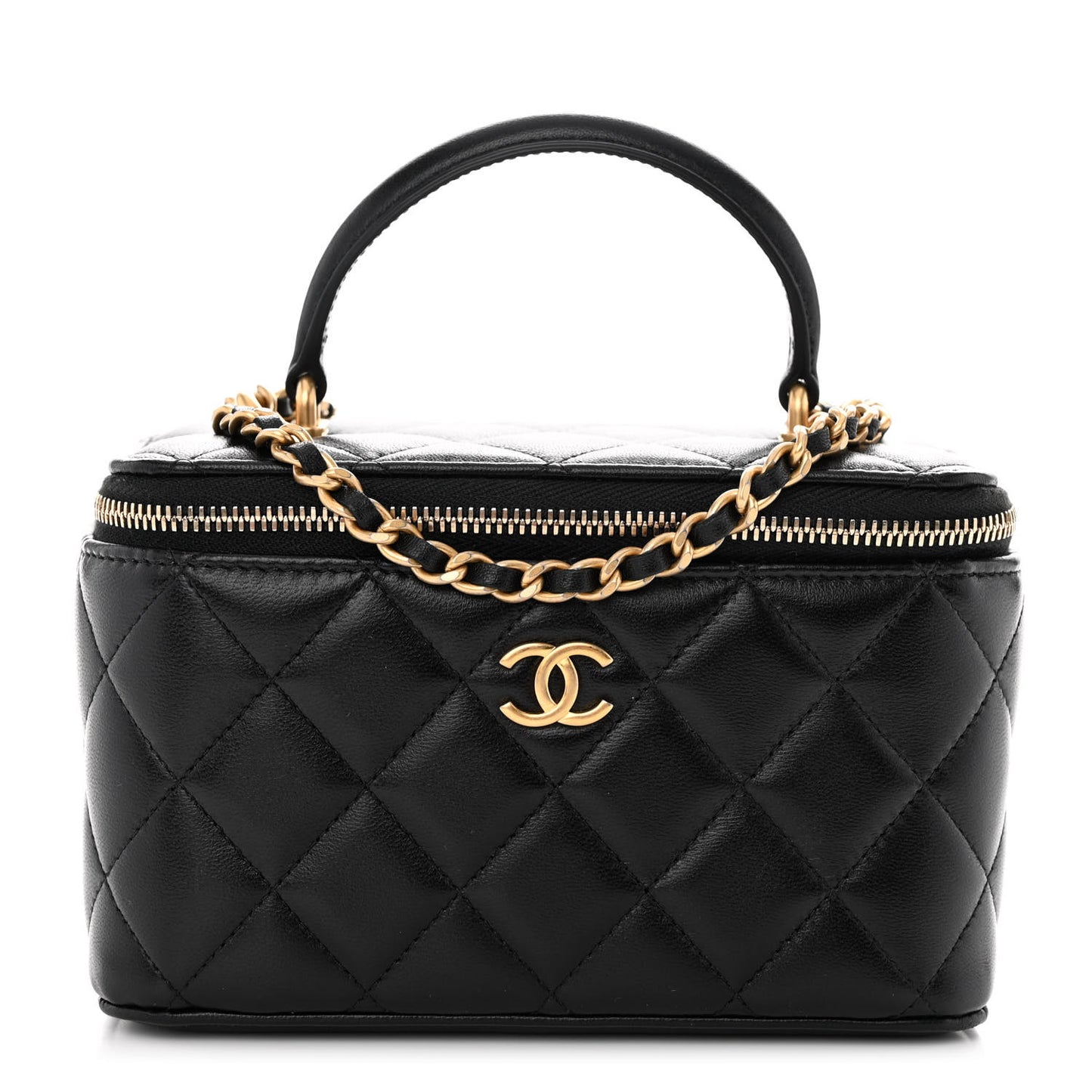 Lambskin Quilted Small Top Handle Vanity Case With Chain Black