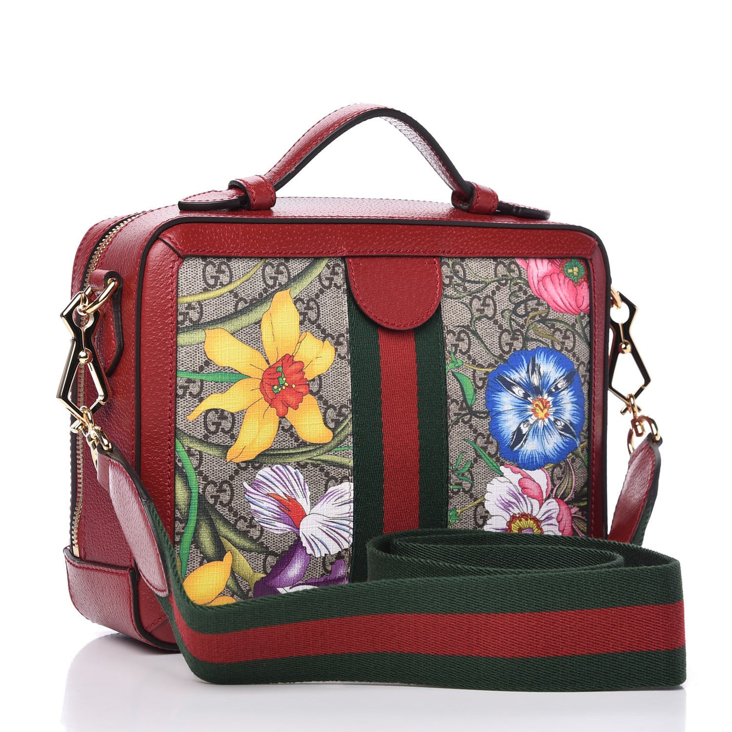 GG Supreme Monogram Flora Web Small Ophidia Top Handle Shoulder Bag Hibiscus Red