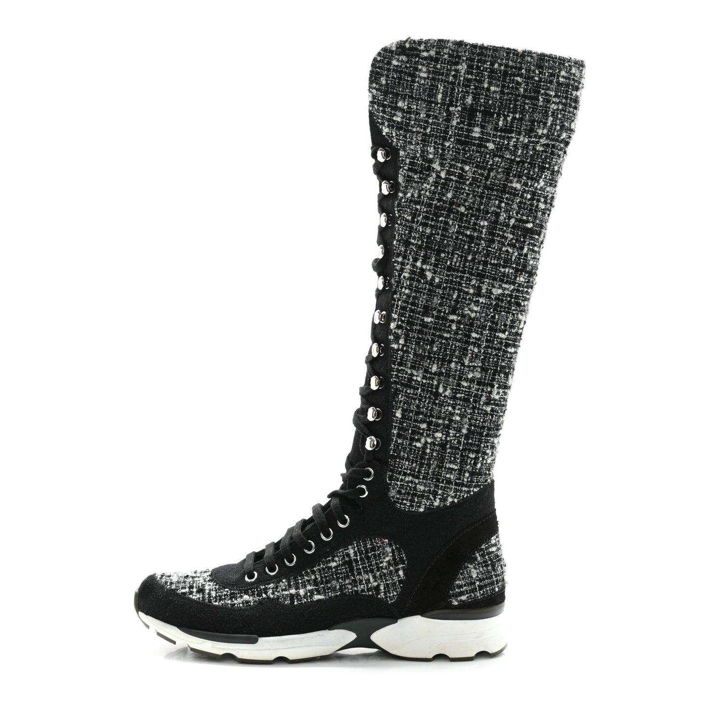 Tweed Suede Calfskin Sneaker High Boots 39 Black White
