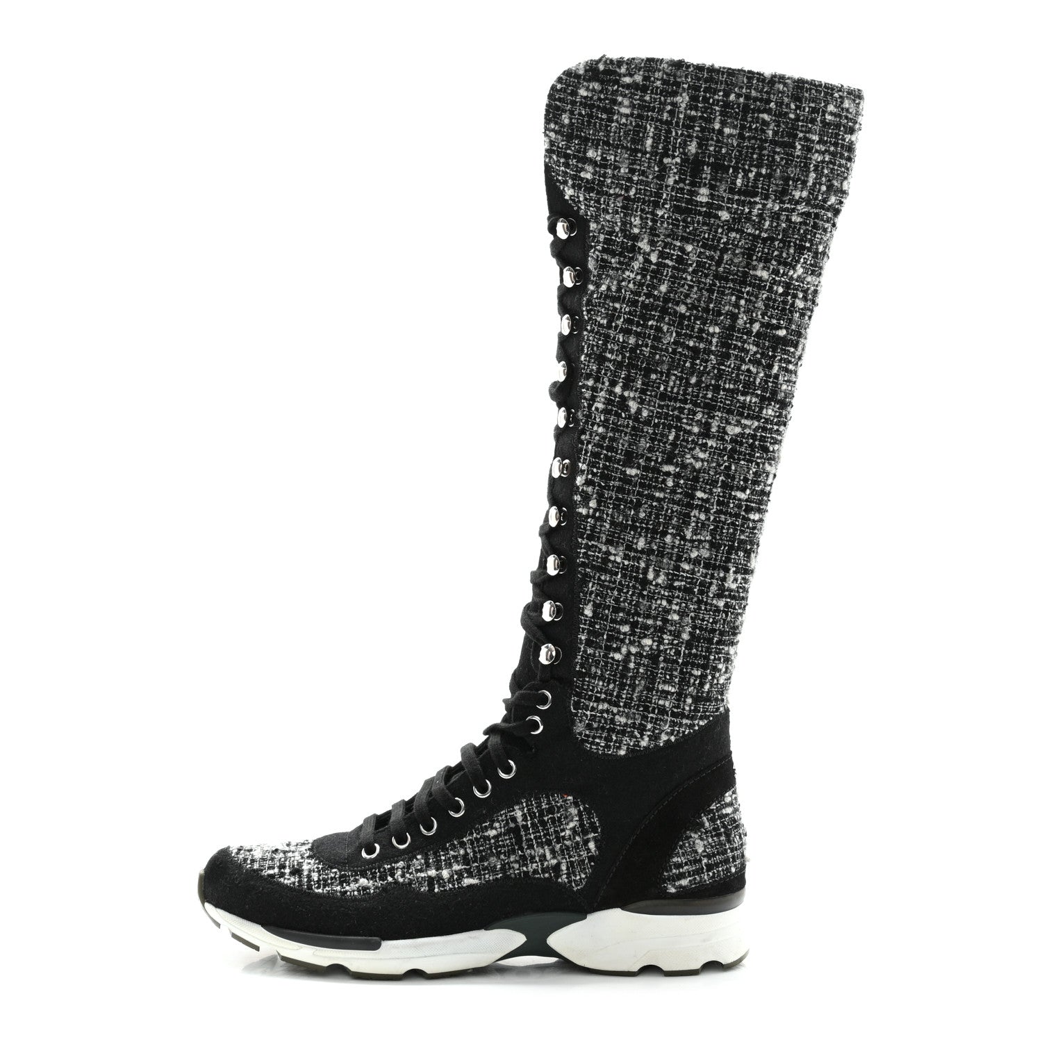 Chanel Tweed Suede Calfskin Sneaker High Boots 39 Black White 1 of 10