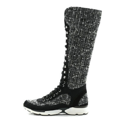 Chanel Tweed Suede Calfskin Sneaker High Boots 39 Black White 1 of 10