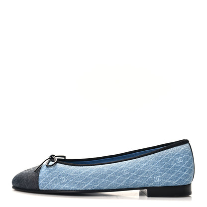 Chanel Denim Printed Quilt CC Cap Toe Ballerina Flats 38 Navy Blue Dark Grey 1 of 9