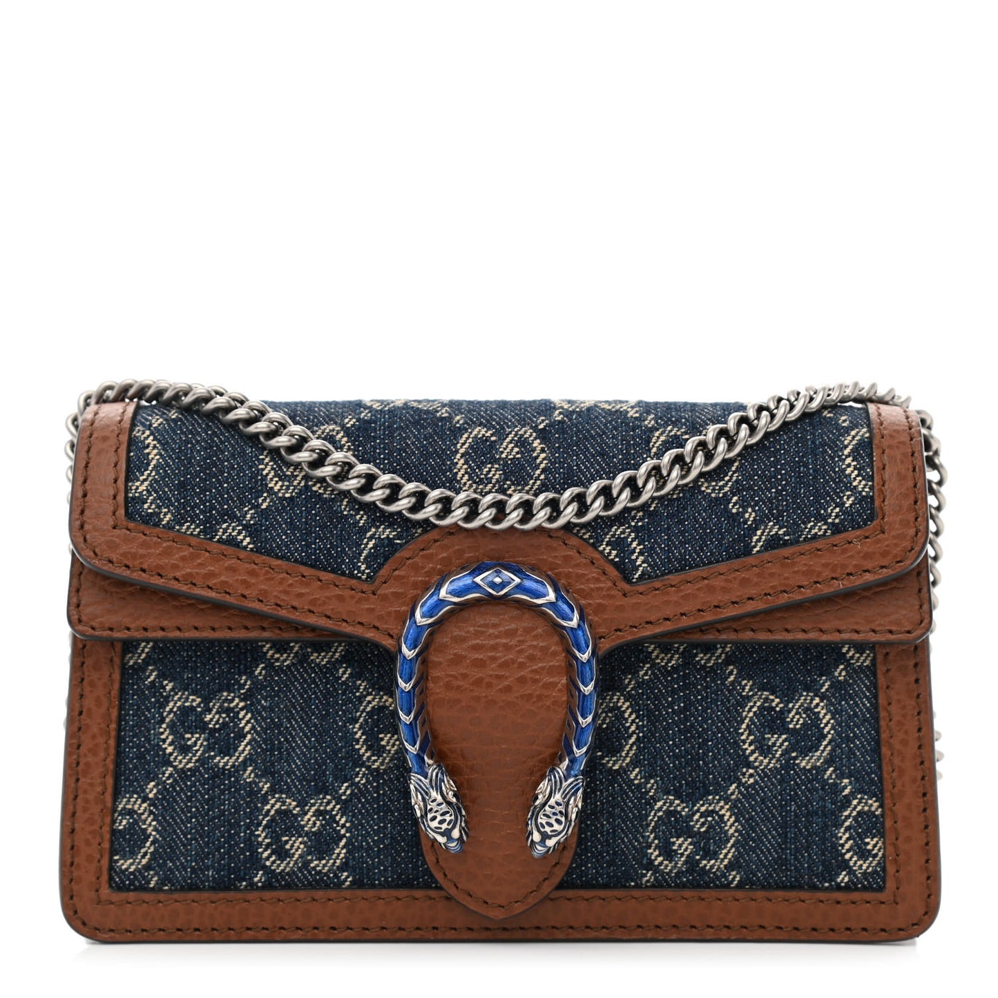 New Denim GG Monogram Dollar Calfskin Enamel Super Mini Dionysus Shoulder Bag Blue Tea Cuir Epilog Electric Blue