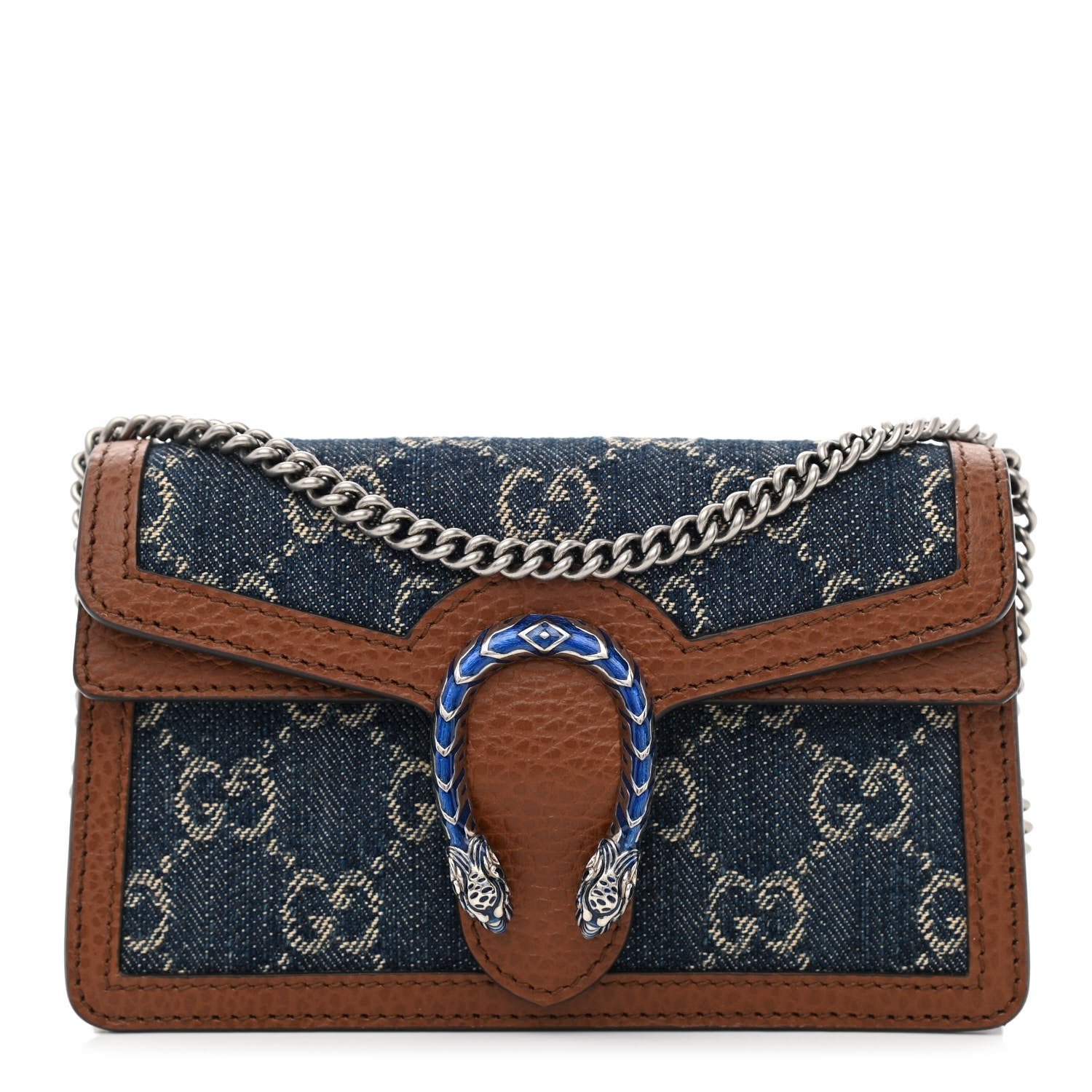 Gucci New Denim GG Monogram Dollar Calfskin Enamel Super Mini Dionysus Shoulder Bag Blue Tea Cuir Epilog Electric Blue 1 of 9