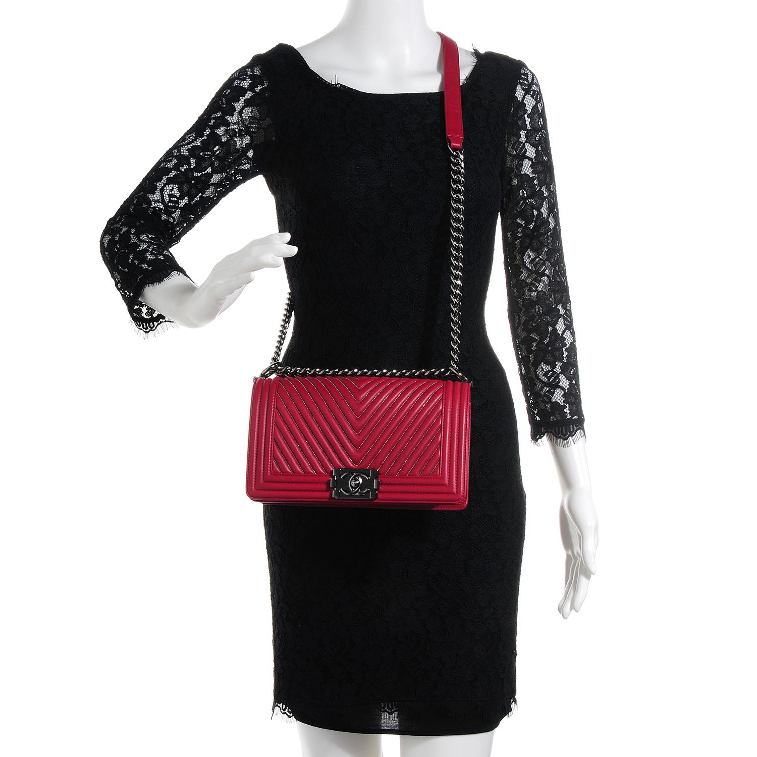 Chanel Calfskin Chain Chevron Medium Boy Flap Red 2 of 8