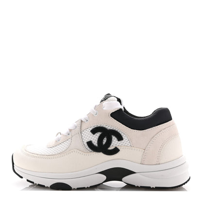 Chanel Mesh Suede Calfskin Grained Calfskin Womens CC Sneakers 35 White Black 1 of 9