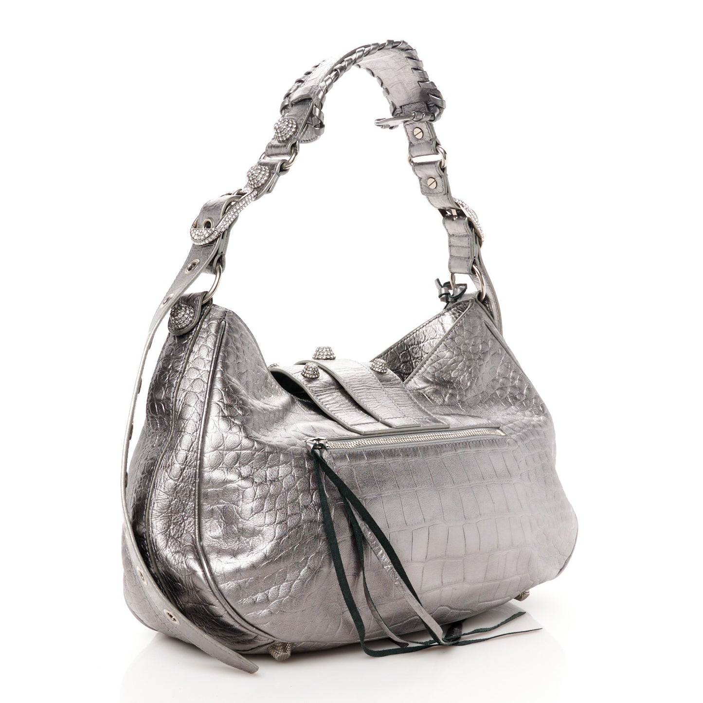 Metallic Agneau Arena Crystal Medium Le Cagole Shoulder Bag Silver