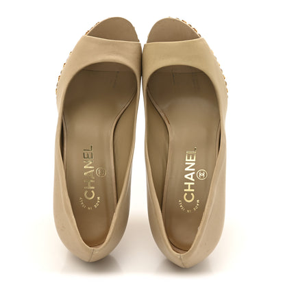 Chanel Calfskin Chain Peep Toe Wedge Pumps 39 Beige 2 of 19