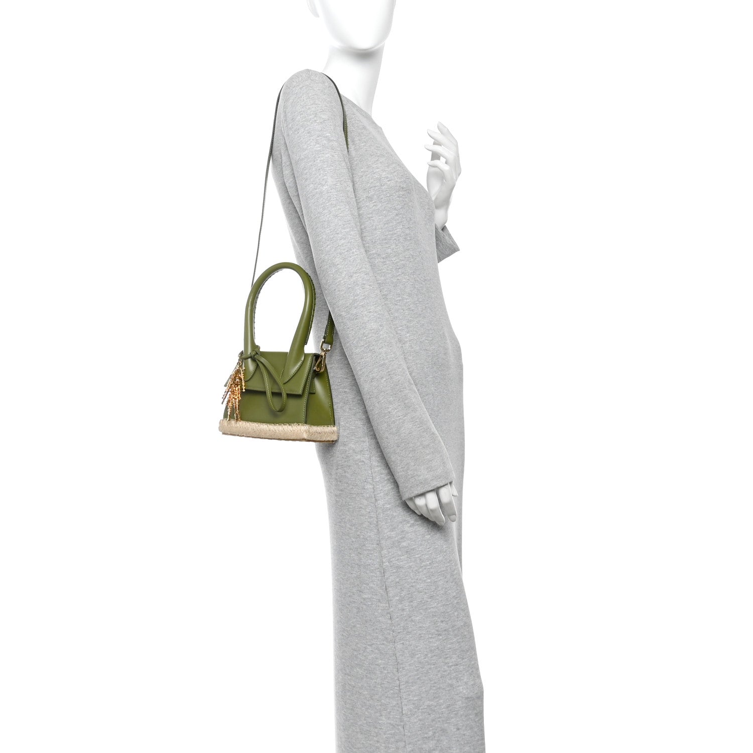 Jacquemus Smooth Calfskin Raffia Le Chiquito Moyen Corado Khaki 2 of 12