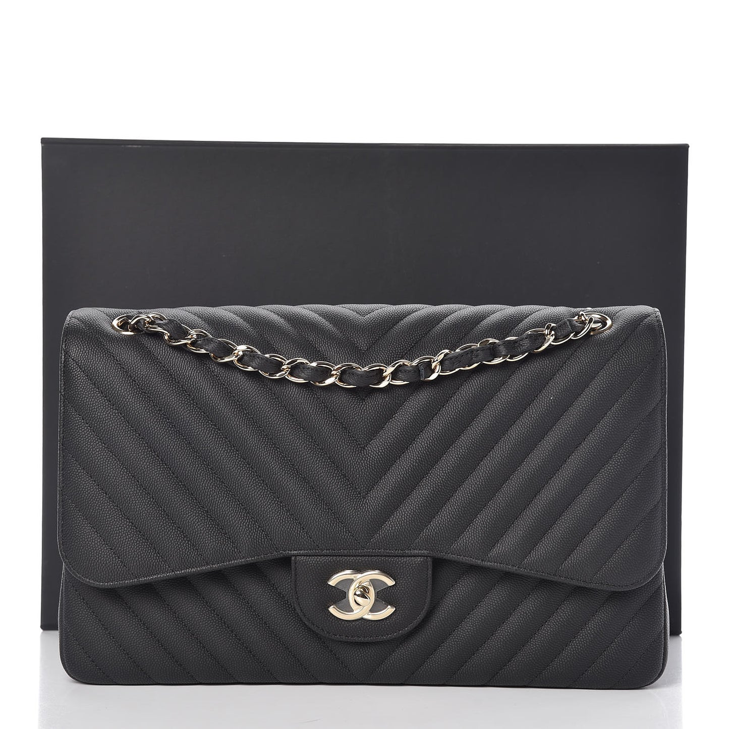 Caviar Chevron Quilted Jumbo Double Flap Black