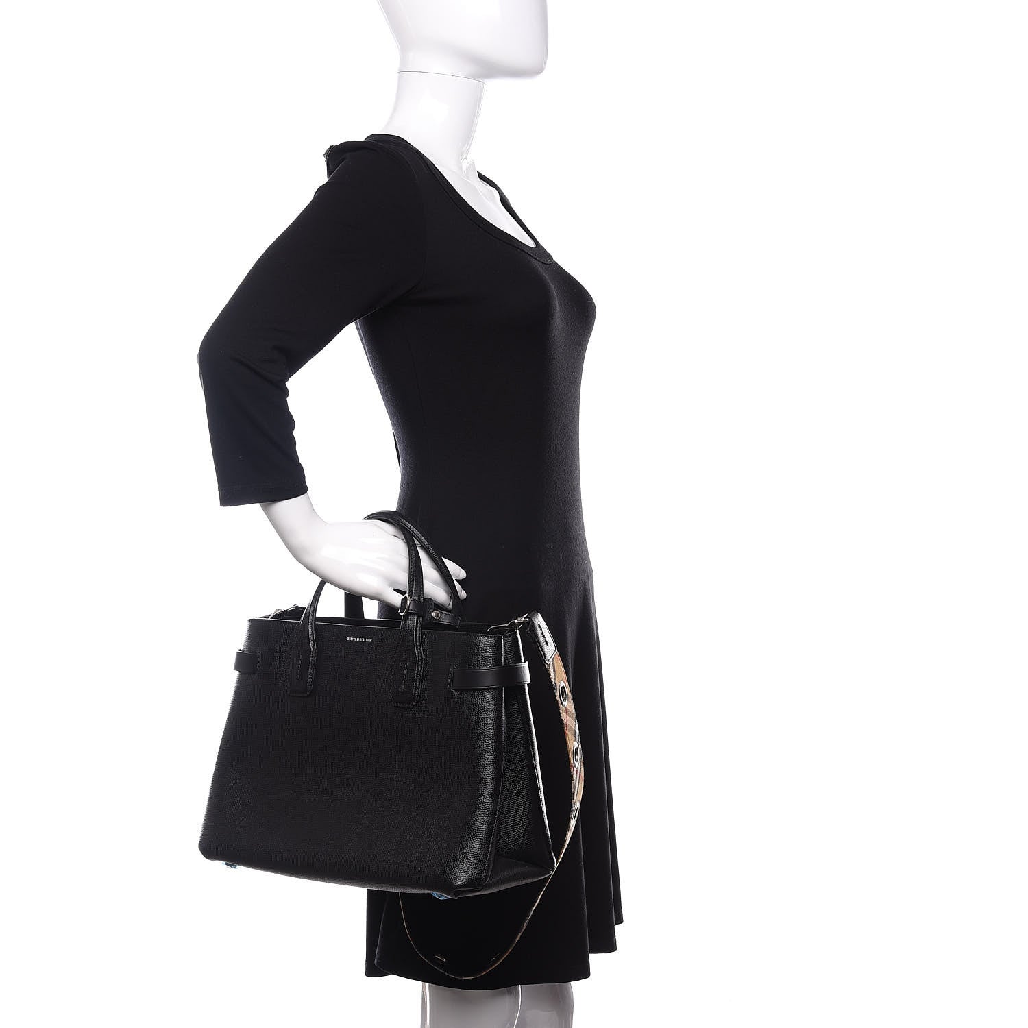 Burberry Grainy Calfskin House Check Medium Banner Tote Black 3 of 11
