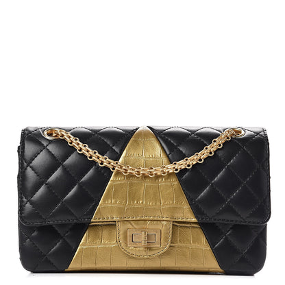 Chanel Lambskin Metallic Calfskin Crocodile Embossed 2.55 Cocodile Reissue 225 Flap Black Gold 1 of 11