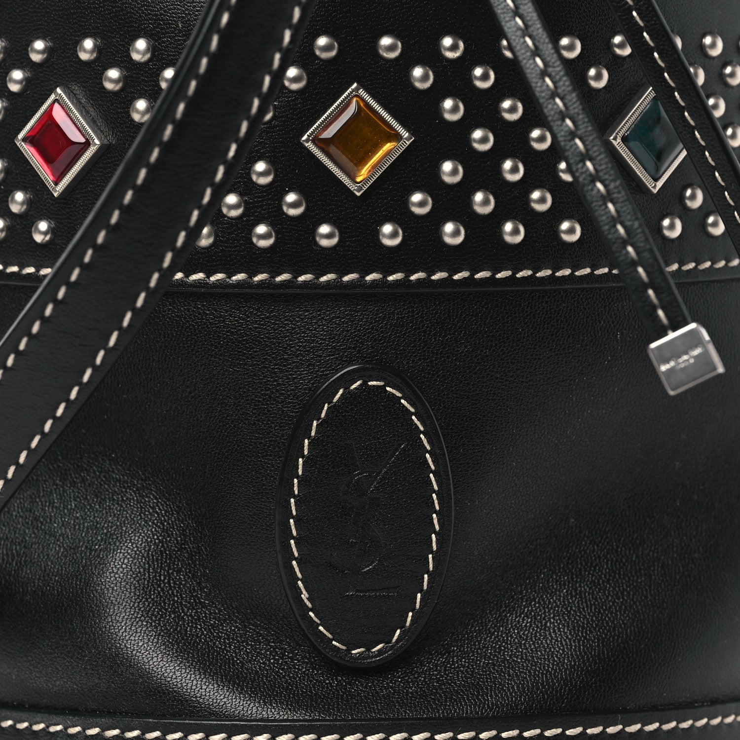 Saint Laurent Smooth Calfskin Studded Small Bahia Drawstring Bucket Bag Black Multicolor 7 of 9