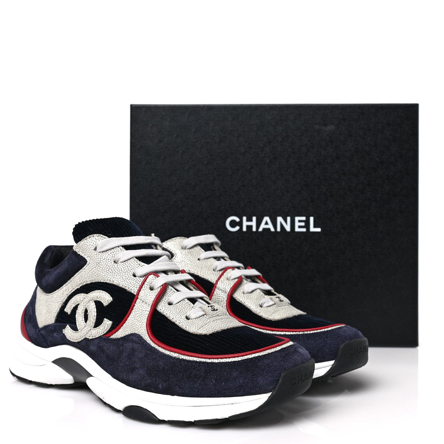 Calfskin Velvet CC Sneakers 40.5 Navy Silver Red