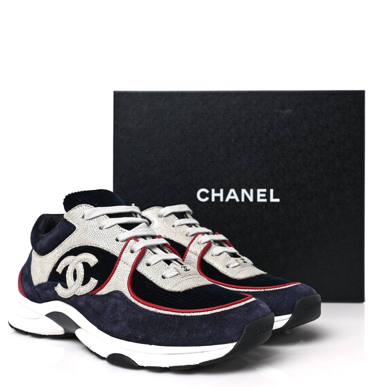Chanel Calfskin Velvet CC Sneakers 40.5 Navy Silver Red 7 of 7
