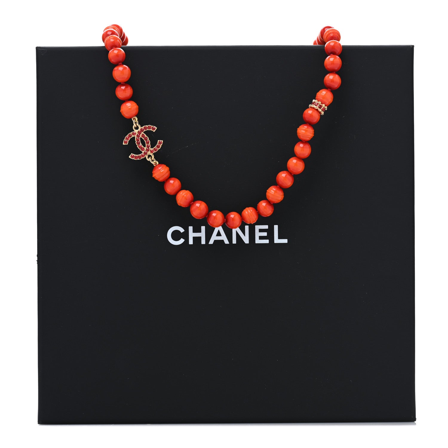 Chanel Pearl Glass Bead CC Necklace Golden Red 5 of 5