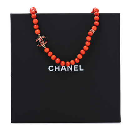 Chanel Pearl Glass Bead CC Necklace Golden Red 5 of 5