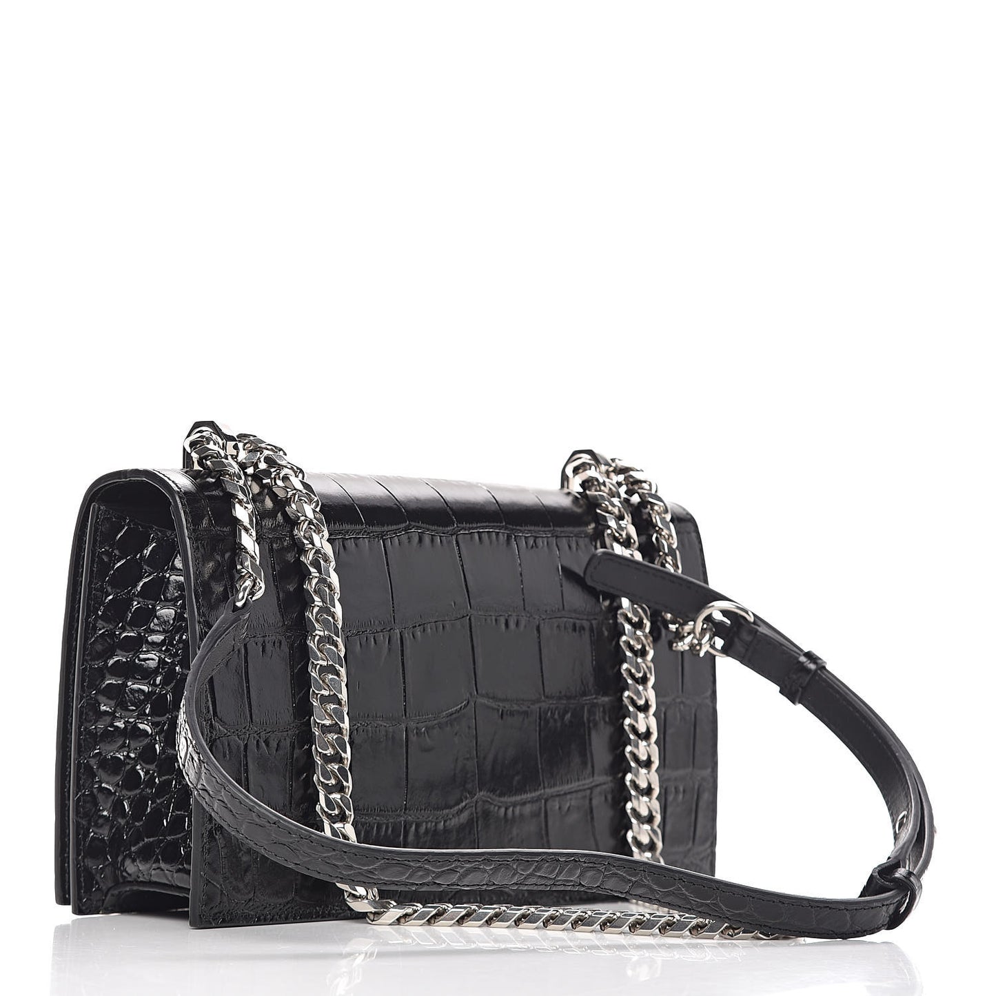 Calfskin Crocodile Embossed Knuckle Shoulder Bag Black