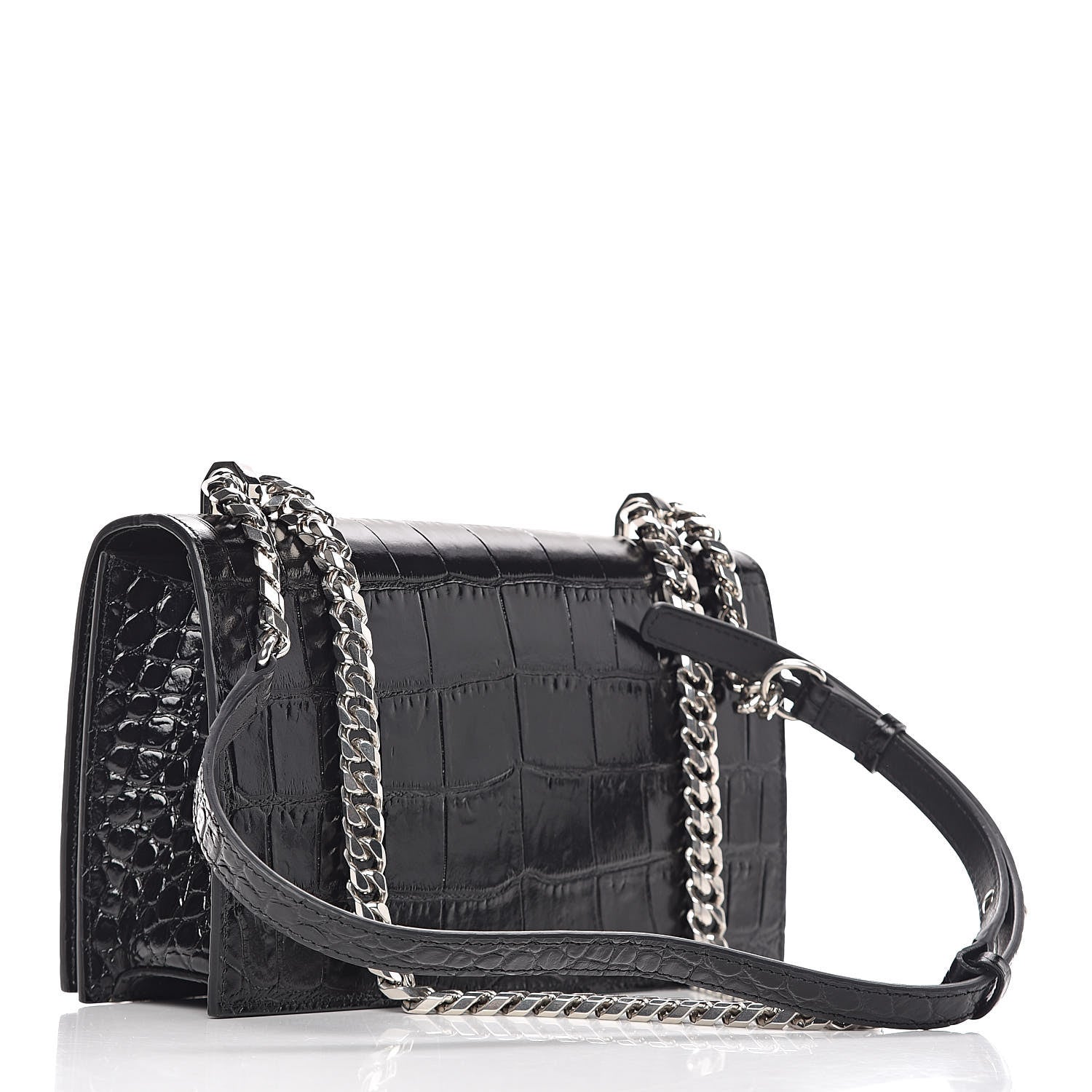Alexander McQueen Calfskin Crocodile Embossed Knuckle Shoulder Bag Black 3 of 10