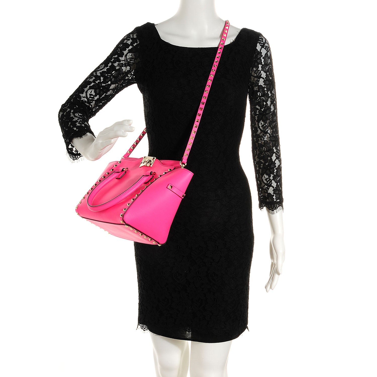 Valentino Garavani Vitello Small Rockstud Double Handle Tote Fuxia Fluo 2 of 7