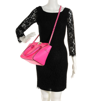 Valentino Garavani Vitello Small Rockstud Double Handle Tote Fuxia Fluo 2 of 7