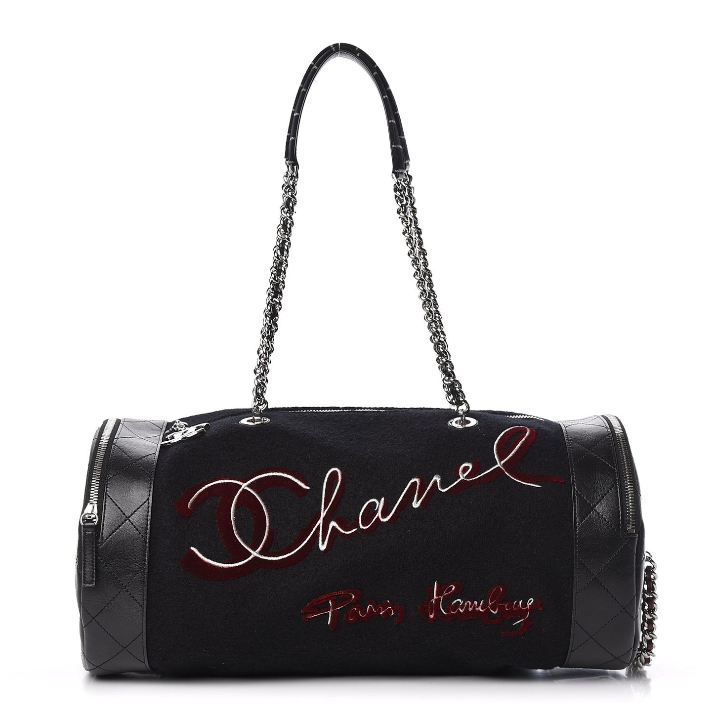 Wool Calfskin Embroidered Paris Hamburg Bowling Bag Black