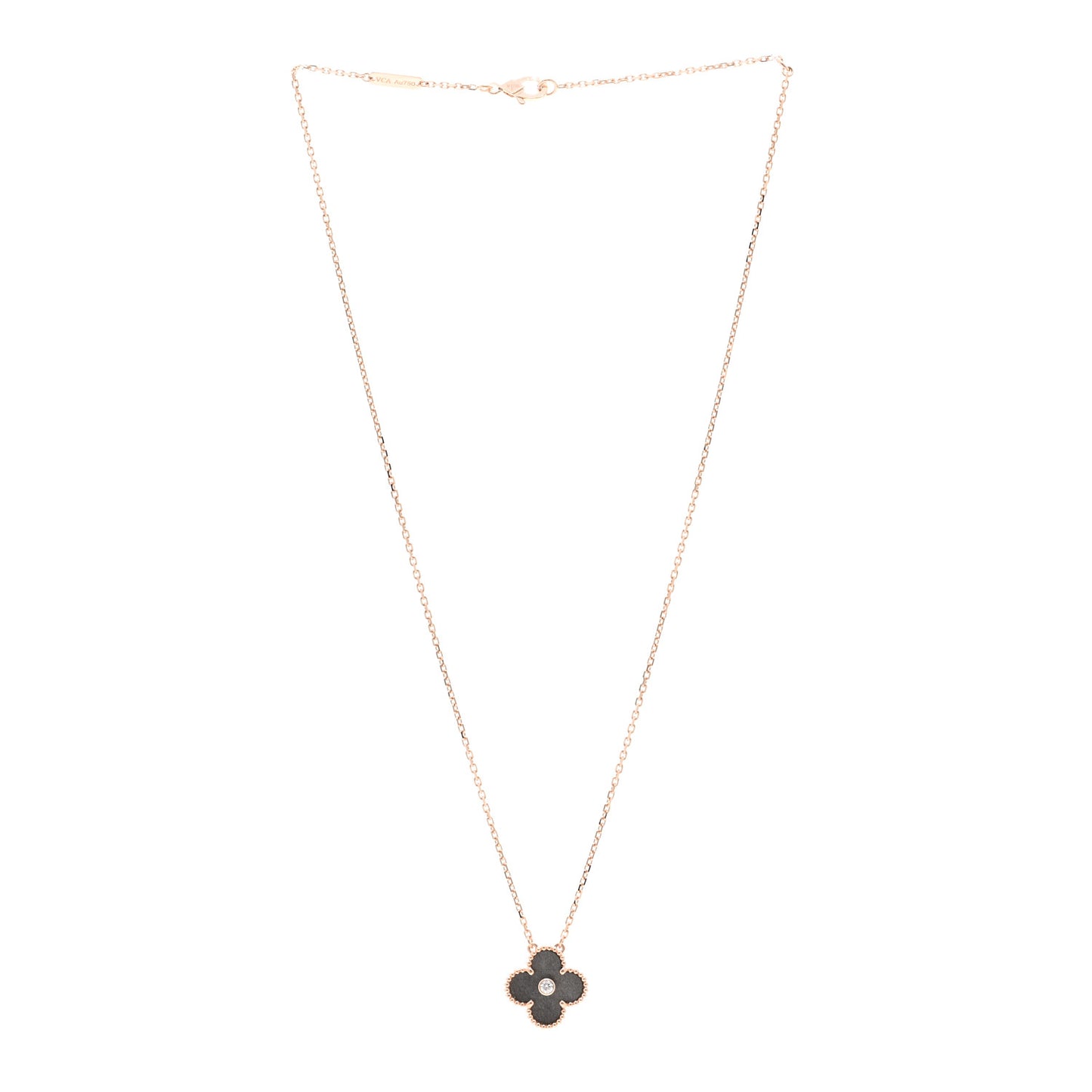 18K Rose Gold Diamond Silver Obsidian Vintage Alhambra Pendant Necklace