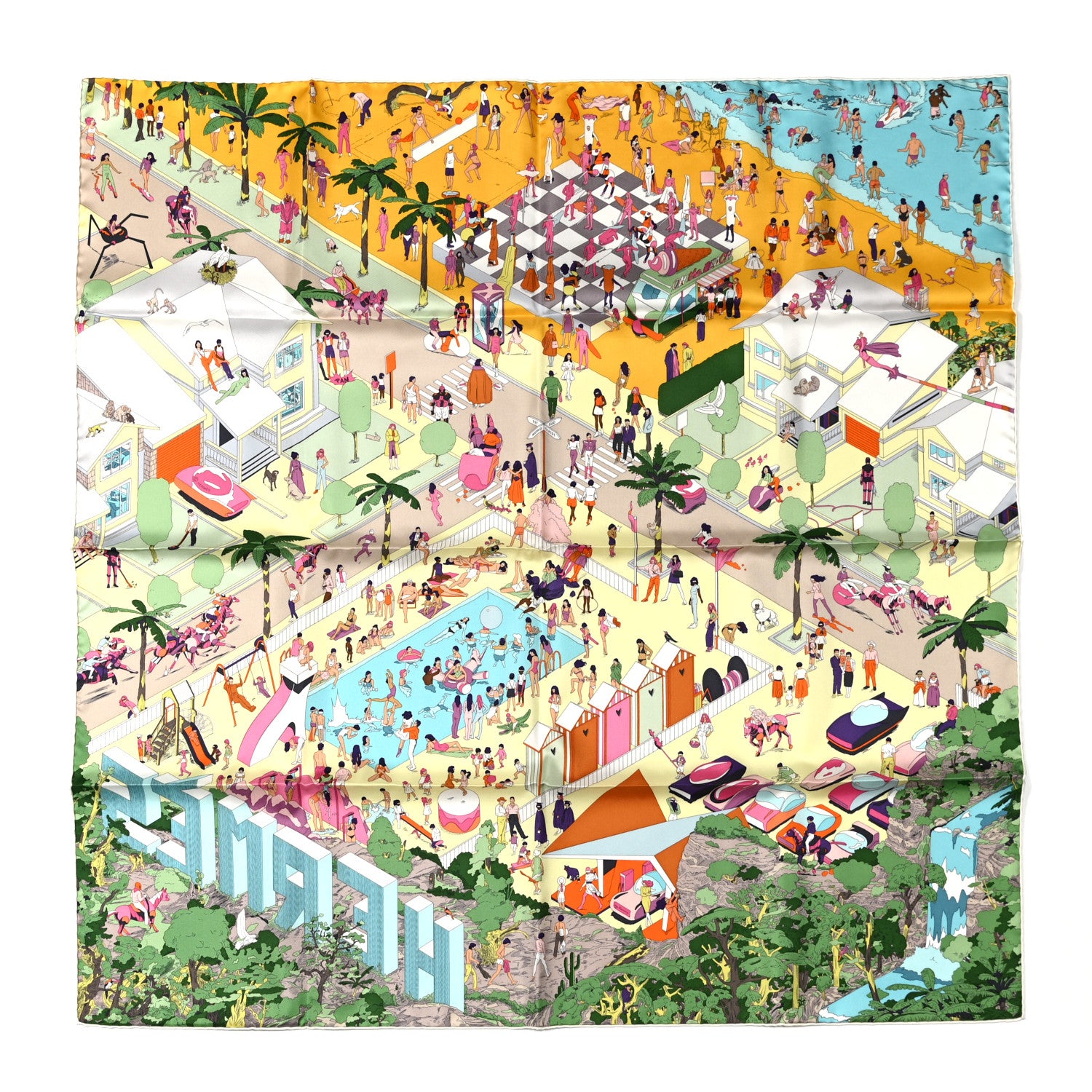 Hermes Silk On The Beach Scarf 90 Jaune Soleil Vert Multicolor 1 of 6