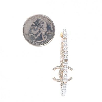 Chanel Crystal Pearl CC Drop Hoop Earrings Gold Pearly White 2 of 5