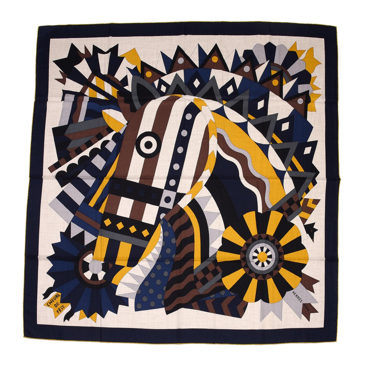Cashmere Silk Cheval De Fete Shawl 140 Naturel Marine Moutarde