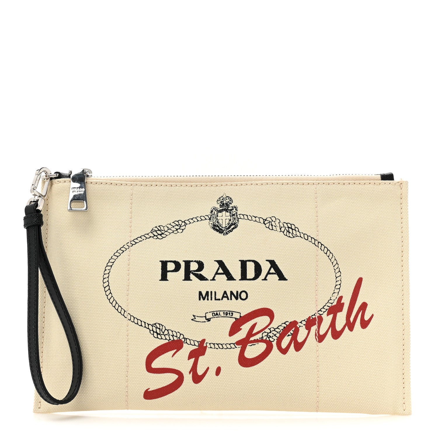 Prada Canvas Saffiano Saint Barth Flat Wristlet Pouch Grezzo 1 of 7