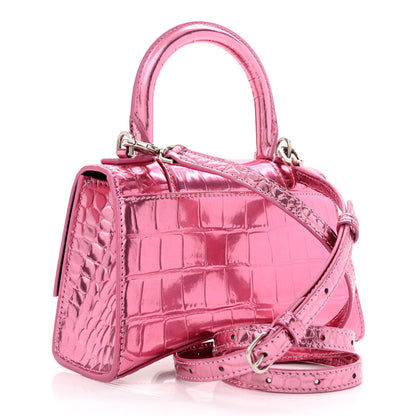 Balenciaga Metallic Shiny Calfskin Crocodile Embossed Hourglass Top Handle Bag XS Pink 3 of 11