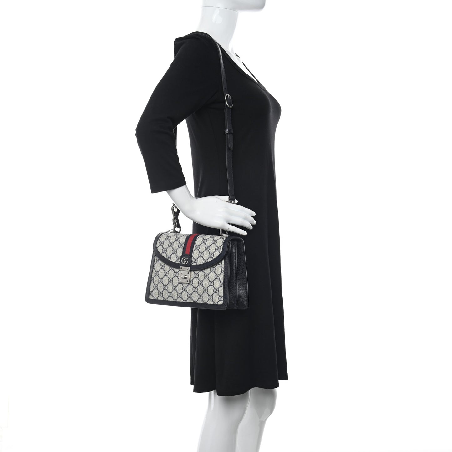 GG Supreme Monogram Textured Dollar Calfskin Web Small Ophidia Padlock Top Handle Bag Beige Blue