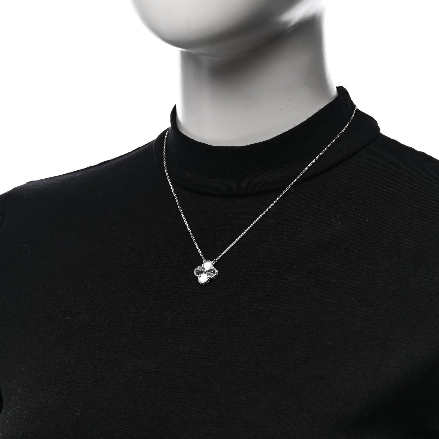 18K White Gold Guilloche Vintage Alhambra Pendant Necklace