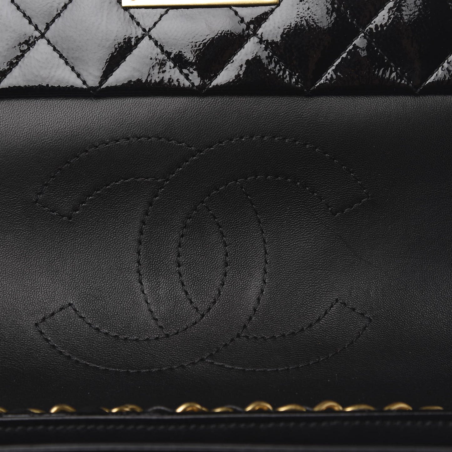 Patent Goatskin Quilted 3 Pocket Accordion Flap Black