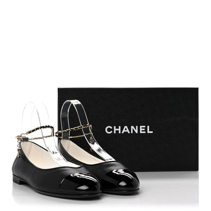 Chanel Lambskin Patent Calfskin Cap Toe Ankle Chain Ballerina Flats 39.5 Black 8 of 8