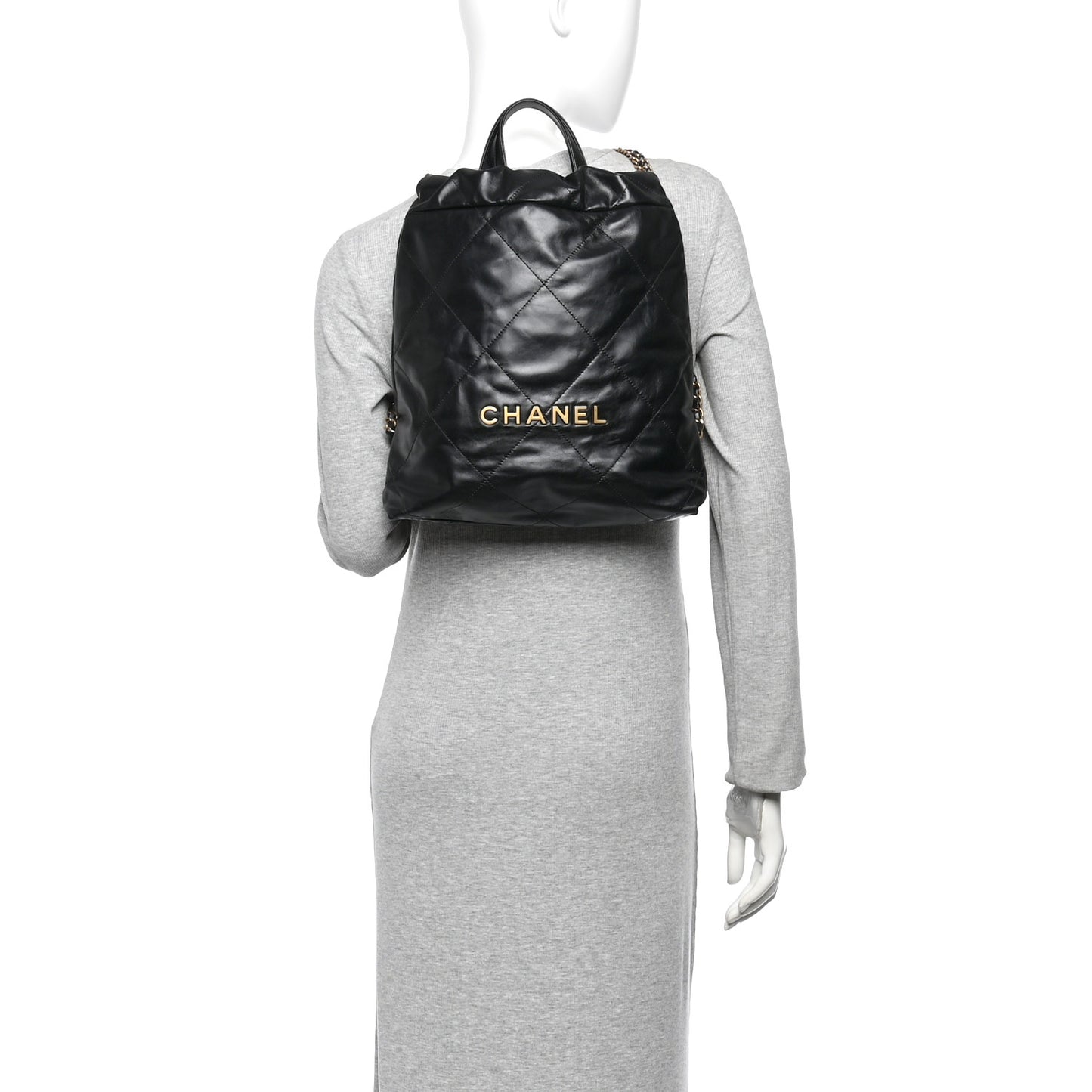 Shiny Calfskin Quilted Chanel 22 Backpack Black