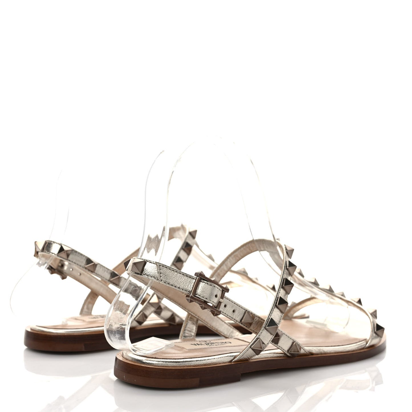 Metallic Nappa Rockstud T-Strap Slingback Flat Sandals 36 Skin