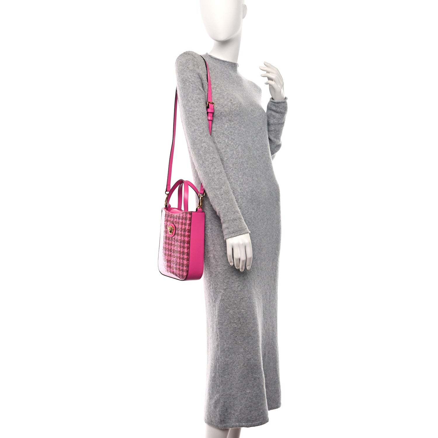 Versace Calfskin Vinyl Mini Houndstooth La Medusa Tote Bag Pink Multicolor 2 of 10