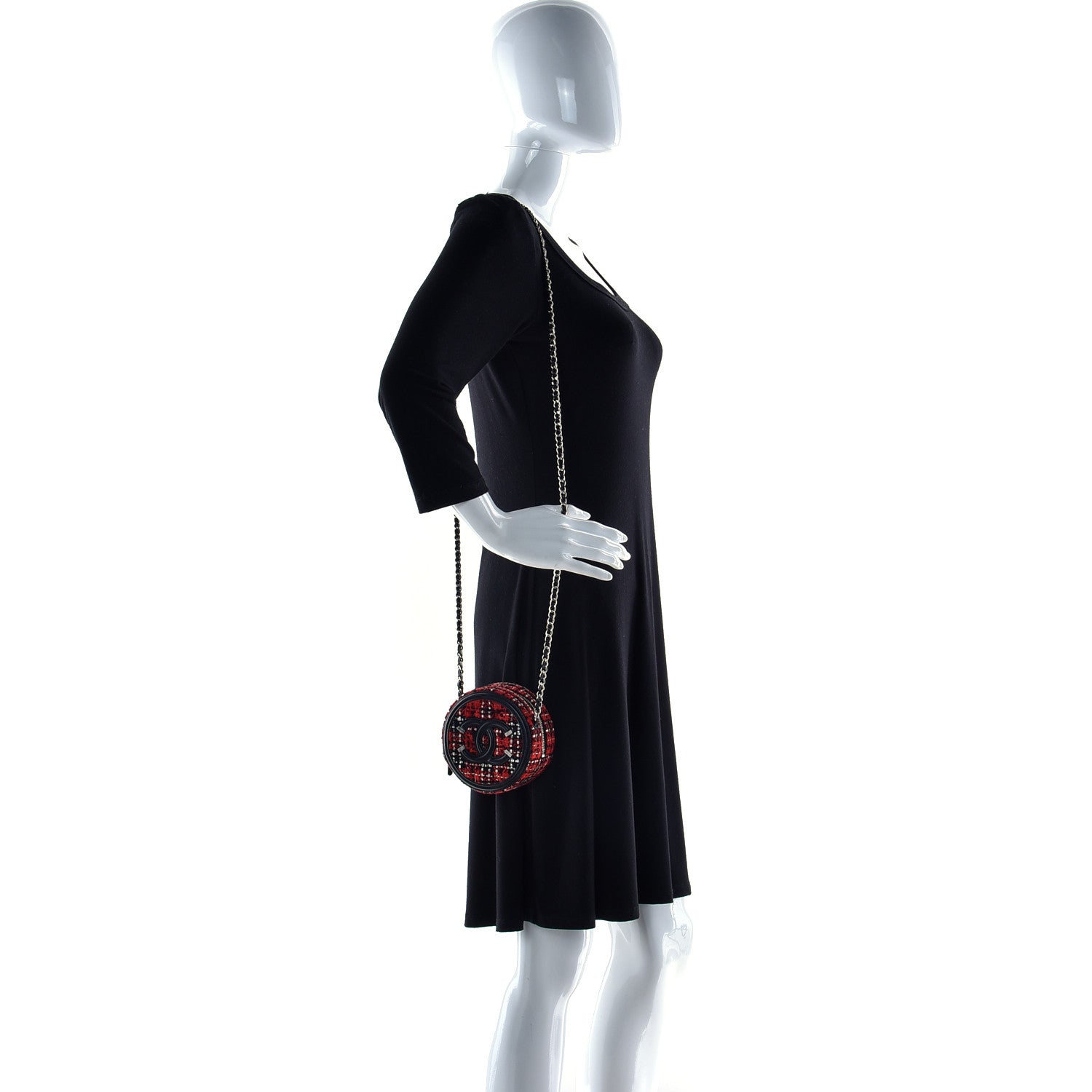 Chanel Tweed Quilted Round Filigree Clutch With Chain Red Black 2 of 13