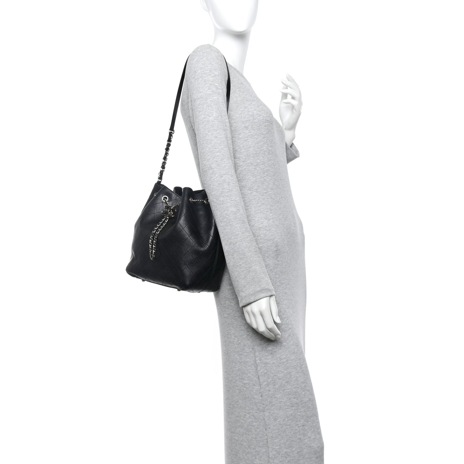 Chanel Calfskin Stitched Drawstring Bag Black 2 of 11