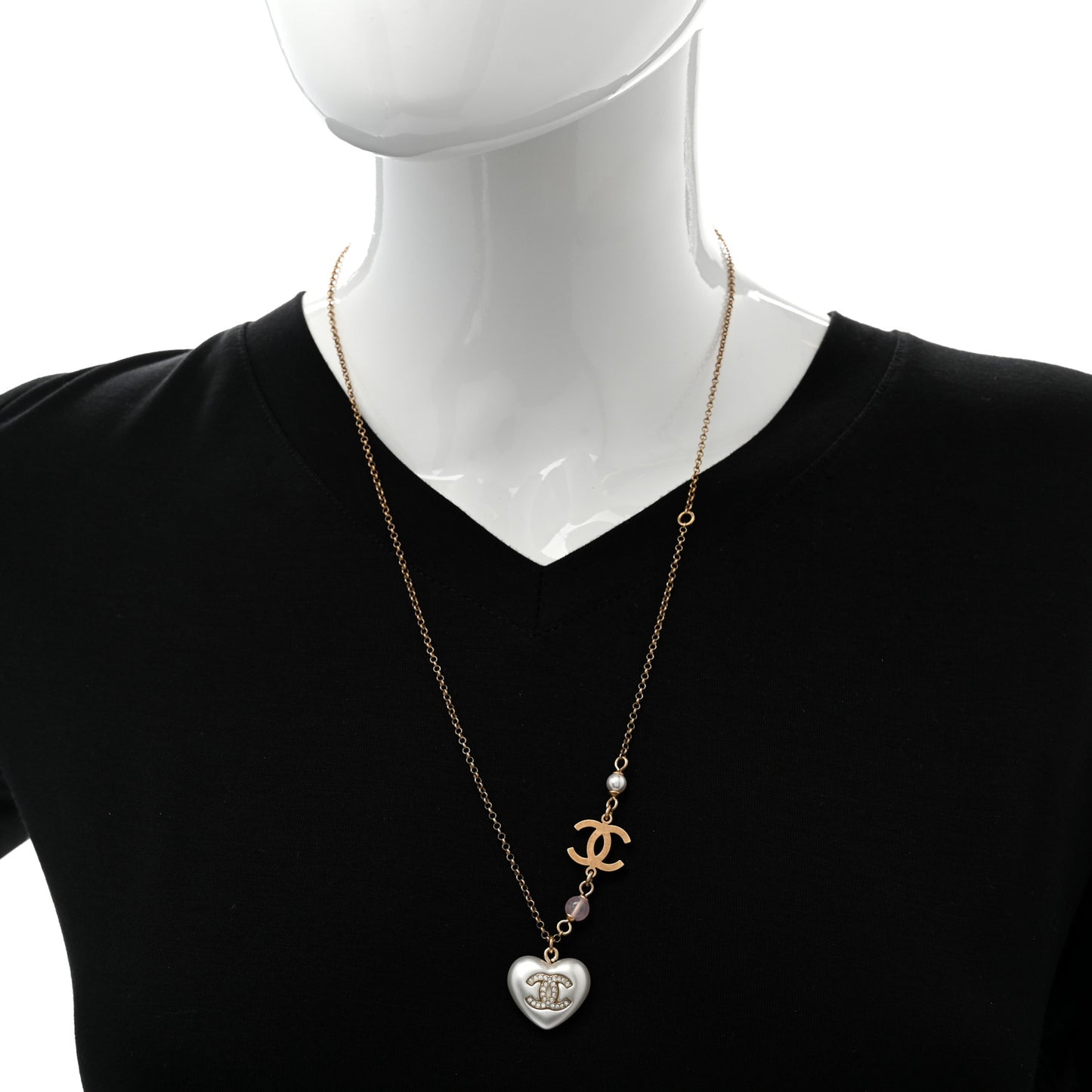 Resin Crystal CC Heart Necklace Pearly White Gold