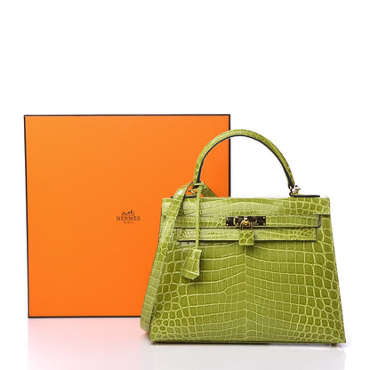 Hermes Shiny Niloticus Crocodile Kelly Sellier 28 Vert Anis 11 of 11