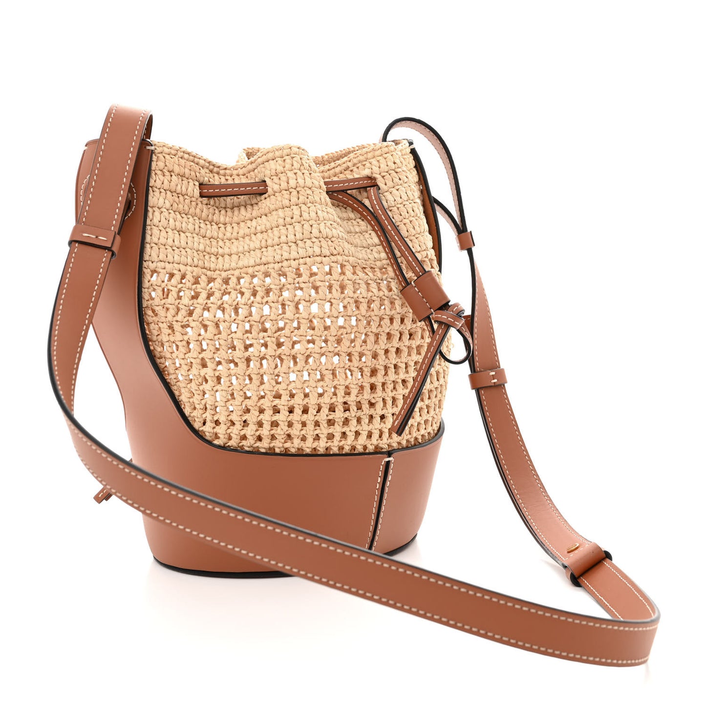 Raffia Calfskin Balloon Bucket Bag Natural Tan