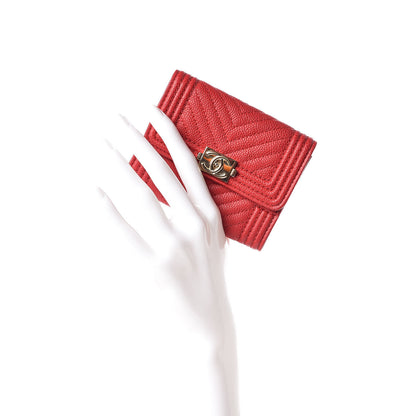 Chanel Caviar Chevron Quilted Boy Card Holder Wallet Dark Red 2 of 12