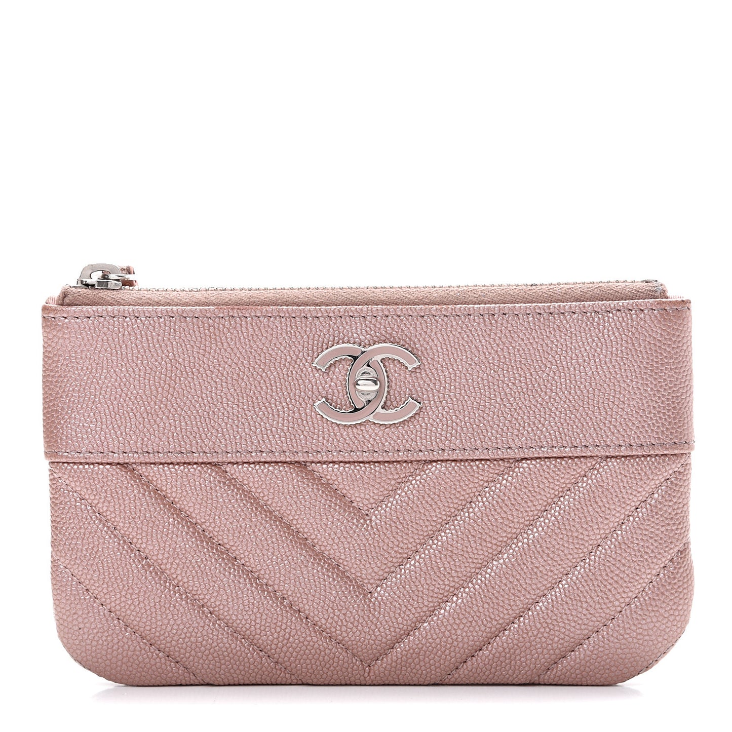 Metallic Caviar Chevron Quilted Small Vintage Mademoiselle Cosmetic Case Pink